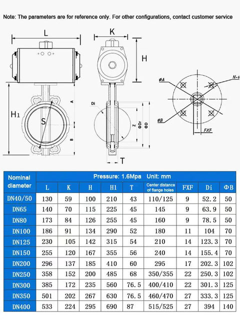 Technical drawing of DN100mm Wafer Type Pneumatic Butterfly Valve With EPDM Sealing 4 Inch Stainless Steel, dimensions chart included.