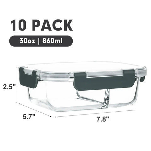 10 Pack Glass Meal Prep Containers With Two Compartments And Airtight Lids 30 Oz Each Durable Glass Food Storage with dimensions