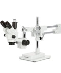 Dual Head Simul Focal Stereo Microscope With Lockable Zoom Pro Grade Build For Pros, 7x To 45x Magnification, Trinocular Eyepiece And Port Viewing, One And A Quarter Inch Wide Field, 4 Inch Working Distance, 3D Boom Stand For Flexible Positioning on boom stand