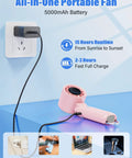 Turbo Handheld Fan 12800 RPM Ultra Portable 4 In 1 Mini Fan USB C recharging next to wall socket