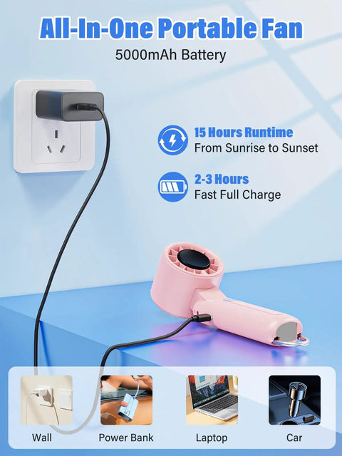 Turbo Handheld Fan 12800 RPM Ultra Portable 4 In 1 Mini Fan USB C recharging next to wall socket