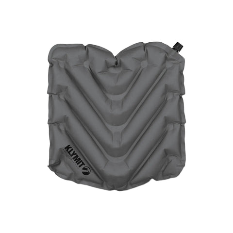 V Seat Inflatable Cushion For Travel, Camping, Backpacking And Bleachers, showing gray V chambered padding and valve