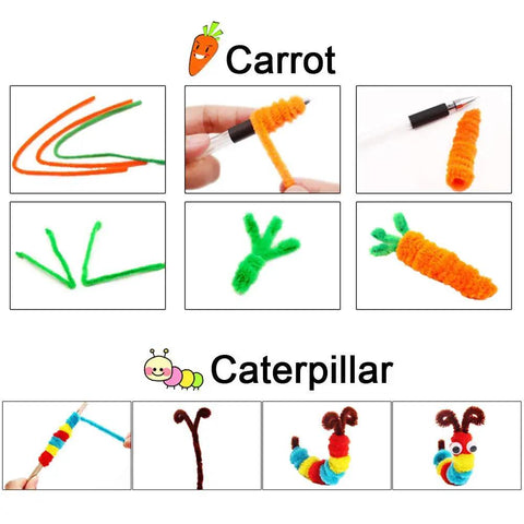 100 Pcs Chenille Pipe Cleaners In 10 Bright Colors For DIY Crafts And School Projects 6 Mm By 12 Inch Assorted Multicolor Stems For Creative Decorations, carrot and caterpillar craft steps