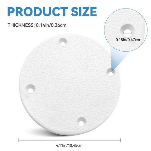 Slick Marine Deck Patch Round Access Hole Cover 4-1/8 Inch shows detailed size measurements and texture for boat restoration.