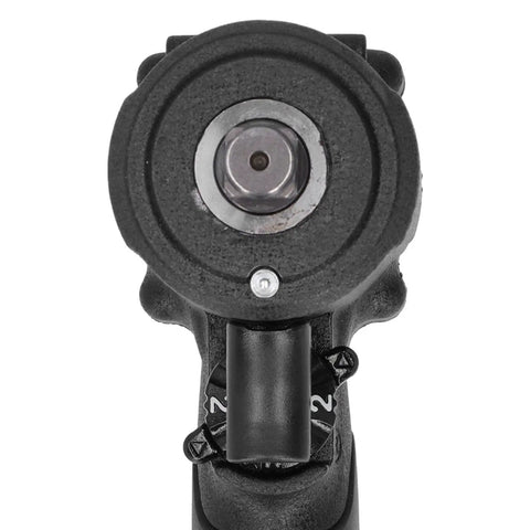 Mean Streak Half Inch Pneumatic Air Impact Wrench Packing Serious Heavy Duty Torque With Lightweight Ergonomic Feel And Smooth Variable Trigger top view of air impact wrench connection.