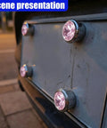 Fresh Pink Bling License Plate Screws 4 Pack shown on a license plate, showcasing rhinestone security bolt caps in daylight.