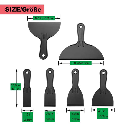 Six Piece Putty Knife Set With Flexible Plastic Scrapers For Spackling And Spackle Includes 1.5 2 3 4 6 And 8 Inch Blades