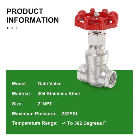 One Piece 304 Stainless Steel Gate Valve 2 Inch NPT Female Rotary Sluice Valve With Wheel Handle For Water Oil Gas Full Bore Sealing And Heavy Duty Valve Design
