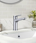Indy Single Handle One Hole Bathroom Sink Faucet In Brushed Gold With Solid Brass Build installed on a white marble sink.