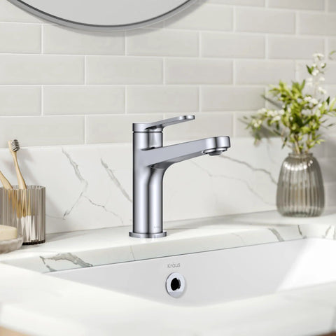 Indy Single Handle One Hole Bathroom Sink Faucet In Brushed Gold With Solid Brass Build installed on a white marble sink.