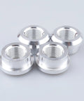 Shop Grade 3/8 Inch NPT Female Aluminum Weld On Bung Plate Kit Four Pack showcasing machined 6061 T6 alloy bungs for engine projects.