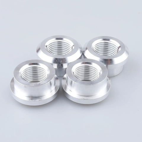Shop Grade 3/8 Inch NPT Female Aluminum Weld On Bung Plate Kit Four Pack showcasing machined 6061 T6 alloy bungs for engine projects.