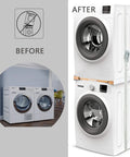 Before and after comparison of a 24 Inch Washer And Dryer Stacking Kit With Pull Out Shelf And Ratchet Strap setup.