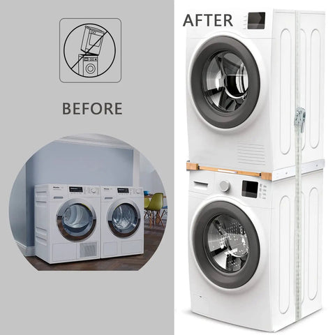 Before and after comparison of a 24 Inch Washer And Dryer Stacking Kit With Pull Out Shelf And Ratchet Strap setup.