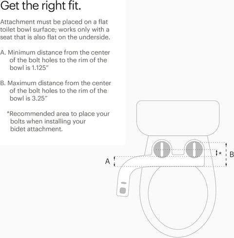 Installation diagram for Thinline Bidet Attachment With Adjustable Water Pressure And Side Arm Control For Toilet Seats Dual Nozzles Thin Profile White No Fuss Install And On Demand Self Cleaning Rinse showing bolt placement measurements