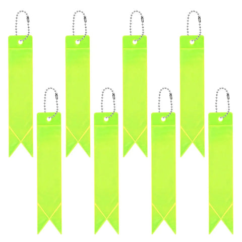 8 Pack Reflective Safety Pendants With Chains For Backpacks, Running And Cycling, shown in fluorescent green with metal chains