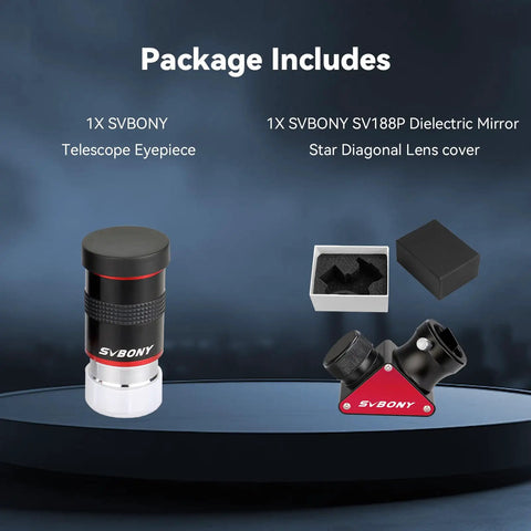 Package includes 68 Degree Wide Angle Telescope Eyepiece 6mm For Quick Targeting And Crisp Views 1.25 Inch Diagonal With SV188P 90 Degree Dielectric Mirror Star Diagonal Pro Grade Astronomy Gear For Visual Observation.
