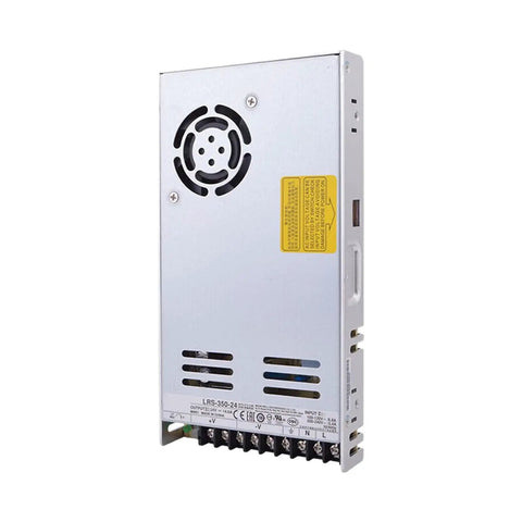 Heavy Duty 24 Volt 350 Watt Switching Power Supply rear view with cooling fan and connectors for automation and LED setups.