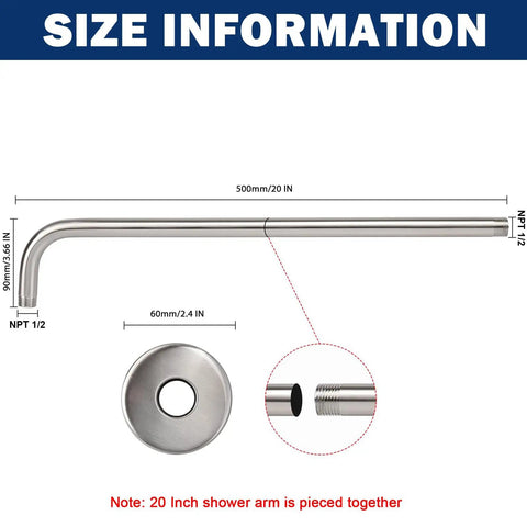 Stainless Steel Shower Arm Extension With Flange 20 Inch Wall Mounted Brushed Nickel NPT1/2 Threads dimensions