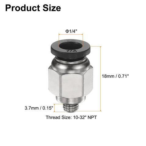 10 Pack Push To Connect Fittings One Quarter Inch Tube OD With Ten Thirty Two UNF Male Straight Union Copper Quick Connect Pneumatic Fittings For Semi Truck Trailers Air Brake System Black Heavy Duty with dimensions