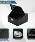 Heavy Duty 36 Inch Black Steel Trailer Tongue Tool Box With Overhang Lip And Solid Lock Featuring Fold Up Door Design open showing interior and sturdy lock.