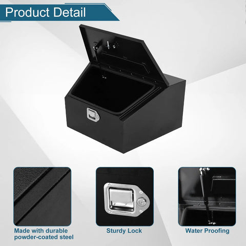Heavy Duty 36 Inch Black Steel Trailer Tongue Tool Box With Overhang Lip And Solid Lock Featuring Fold Up Door Design open showing interior and sturdy lock.