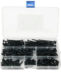 220 Piece Dang Tough Carbon Steel Phillips Pan Head Wood Screws Assortment Kit in clear storage box for heavy load applications.