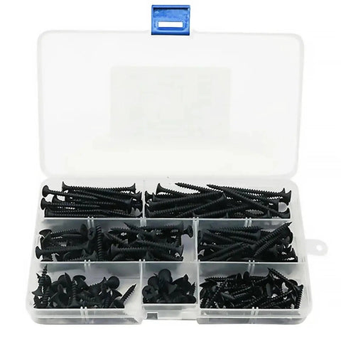 220 Piece Dang Tough Carbon Steel Phillips Pan Head Wood Screws Assortment Kit in clear storage box for heavy load applications.