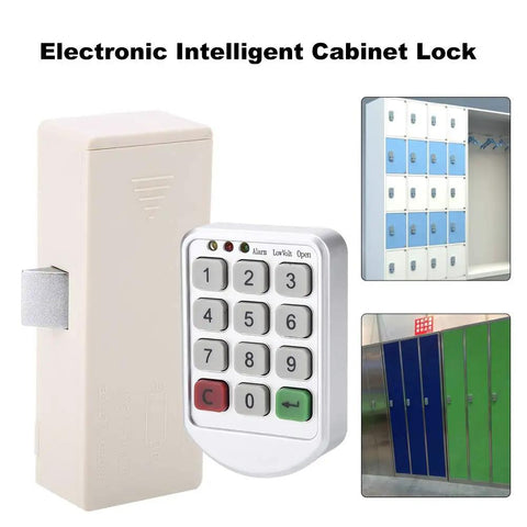 Code Lock Keypad Cabinet Lock with ABS plastic panel, shown with keypad and lockers, supports temporary or fixed passwords