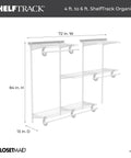Heavy Duty Wire Closet Organizer System With Adjustable Shelves And Double Clothes Rods Built Different Steel Frame Straight Up Win For 4 To 6 Ft Wide Wall Mounted Closets, showing dimensions and layout.