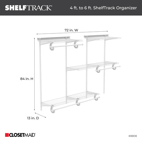 Heavy Duty Wire Closet Organizer System With Adjustable Shelves And Double Clothes Rods Built Different Steel Frame Straight Up Win For 4 To 6 Ft Wide Wall Mounted Closets, showing dimensions and layout.