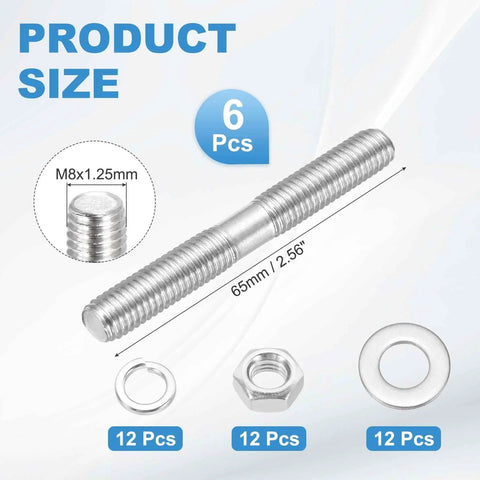 Six Piece M8x65mm Double Ended Stud Screws Set in 304 Stainless Steel with Nuts and Washers for Home Repair Structural Anchoring