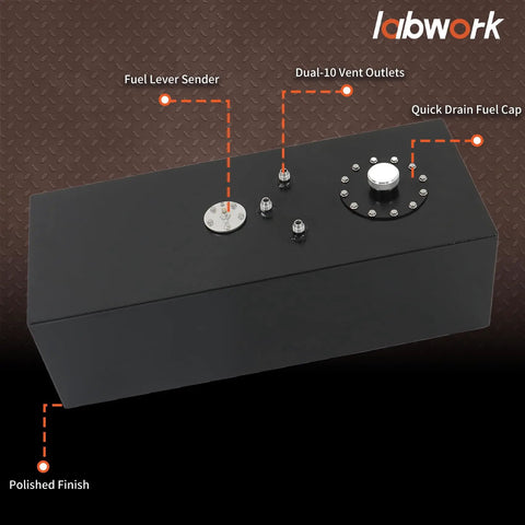 15 Gallon Aluminum Racing Fuel Cell Tank With Cap And Level Sender Rollover Vent 8AN Inlet And Outlet 57 L Drift Car Fuel Tank Black Finish For Drift Ready Performance with visible fuel lever sender and dual-10 vent outlets.