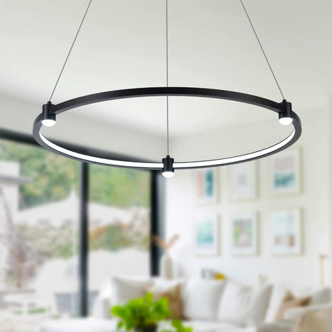 Dope Sleek Black Circular Ring LED Pendant Light Dimmable Ceiling Fixture 23.6 Inch Hanging in a living room