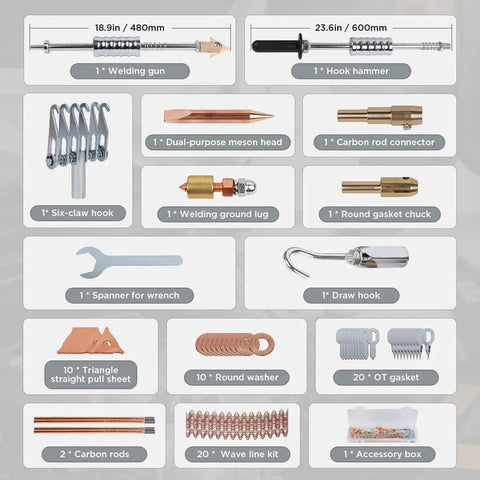 Components of the Beefy 3500W 4200A Stud Welder Dent Repair Kit with six welding modes including tools and accessories.