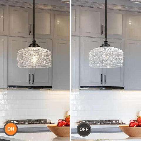 Adjustable Black Vintage Pendants With Ninety Degree Swivel Heads For Kitchen Islands And Bedrooms Offering Height Range That Kills Annoying Glare And Delivers A Killer Farmhouse Vibe Worth Buying. Black housing with glass shade, kitchen setting.