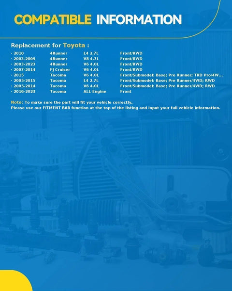 Compatibility information for Tacoma, 4Runner, and FJ Cruiser wheel hub assembly replacement.