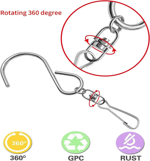 24 Piece Swivel Clip Hanging Hooks With Dual Rotation And Spiral S Shape Design Includes Sturdy Plastic Storage Bin For Zero Fuss Home Organization That Works Like A Charm, close-up of 360-degree rotating metal hook.
