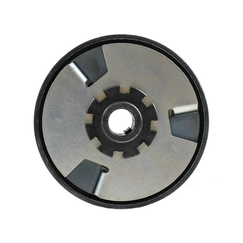 Smooth Operator Centrifugal Clutch for Go Karts And Mini Bikes Featuring 5/8 Inch Bore 10 Tooth Build, top view of steel clutch assembly.