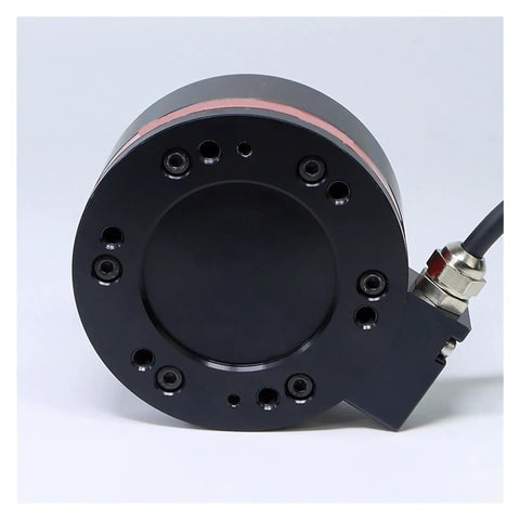 Front view of Six Axis Force Sensor for Industrial Robots Pro Grade Multi Dimensional 3D and 6D Torque Measurement, alloy steel, shielded cable.