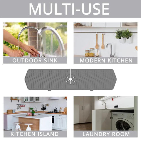 Multi-use 24 Inch Silicone Faucet Splash Guard Mat with Drip Catcher Tray in various settings: outdoor, kitchen, laundry