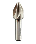 Carbide 60° chamfer end mill, side view, silver cylindrical shank