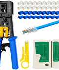 All In One RJ45 Crimp Tool Kit With Pass Through Cat5e And Cat6 Connectors, 20 Connectors, 20 Covers, Cutter, Tester shown.