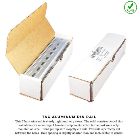 Ten Piece DIN Rail Slotted Aluminum Channel Set RoHS Compliant For Industrial Electrical Panels 8 Inch Long 35mm Wide 7.5mm High Built Tough Mounting Rails For Easy Go To Panel Installations packaged in box