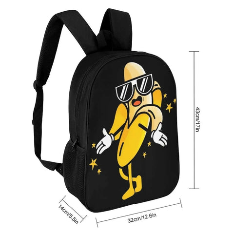Cool Banana Style Backpack For Men And Women Go To Everyday Travel And Hiking 17 Inch Capacity on black fabric with animated design.