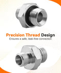 Front and side views of two chrome-plated steel 14H–18ED BISS adapters with male-threaded ends