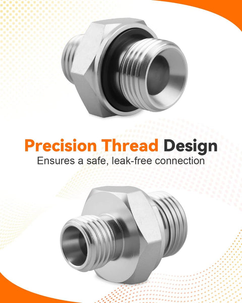 Front and side views of two chrome-plated steel 14H–18ED BISS adapters with male-threaded ends