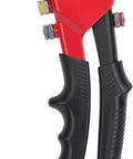Heavy-Duty One-Handed Pop Rivet Gun for Quick Metal Fabric Leather and Auto Repairs with rubber grip and color-coded settings.