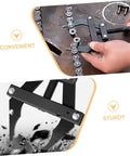 Slick Adjustable Motorcycle Chain Tensioner Tool Hella Tough Bike Chain Tightener showing hands using black clamp on chain.