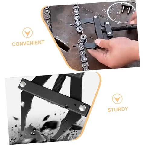 Slick Adjustable Motorcycle Chain Tensioner Tool Hella Tough Bike Chain Tightener showing hands using black clamp on chain.